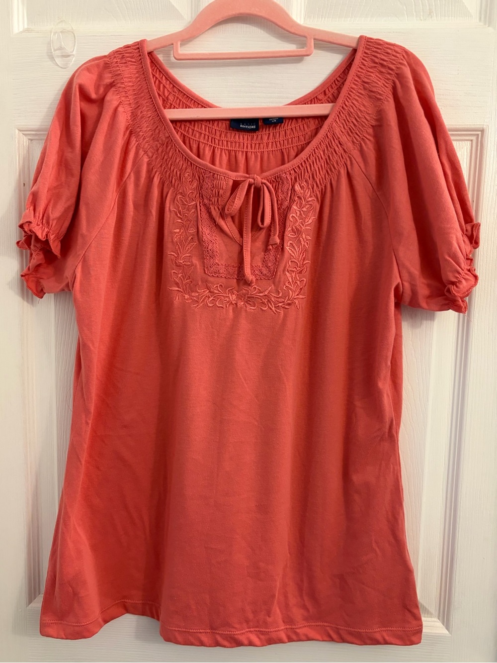 Basic Editions Coral Embroidered Tie-Neck Peasant Top. Size large $10